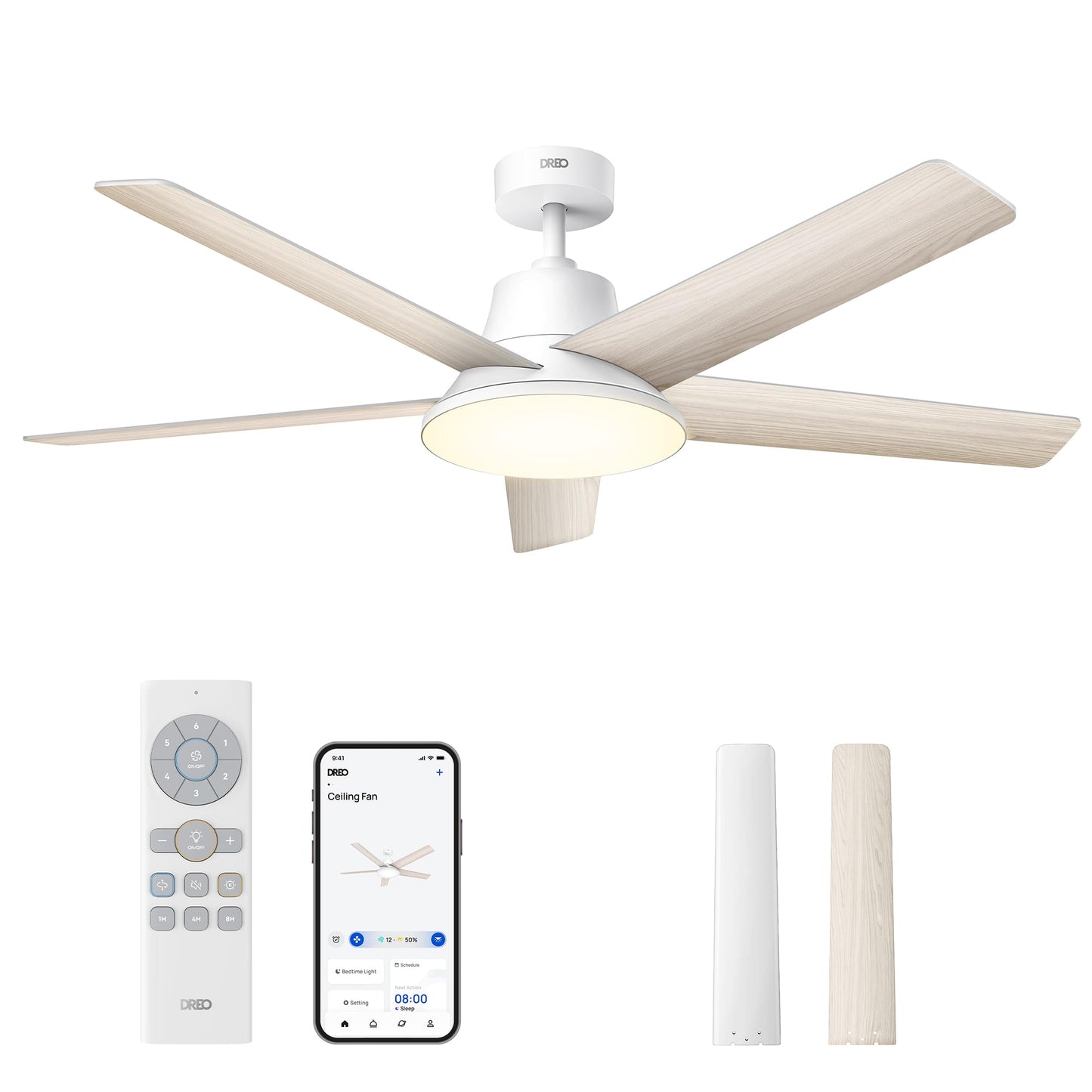 DREO Smart Ceiling Fan with Lights, 52 Inch, 12 Speeds & 3 Fan Modes, Stepless Color Tones, Dimmable LED Light, 12H Timer, Quiet DC Motor, Remote/APP/Alexa Control, White Ceiling Fans Indoor DREO