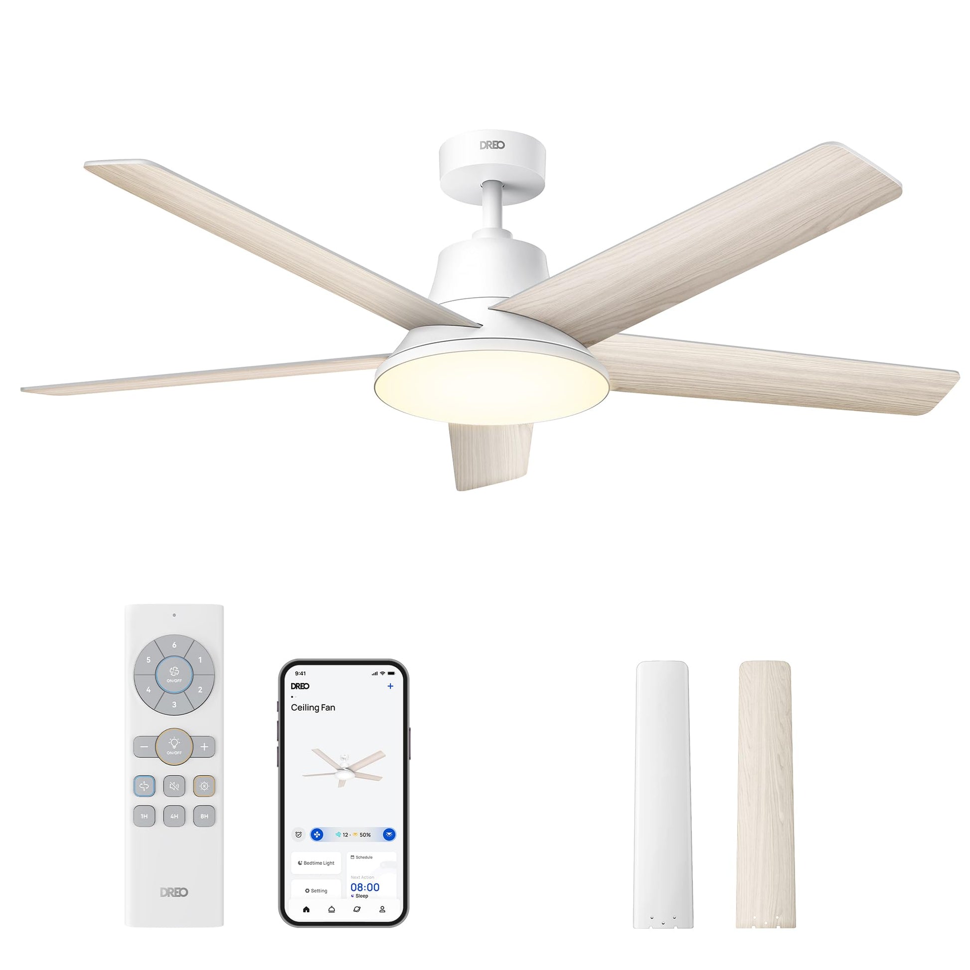 DREO Smart Ceiling Fan with Lights, 52 Inch, 12 Speeds & 3 Fan Modes, Stepless Color Tones, Dimmable LED Light, 12H Timer, Quiet DC Motor, Remote/APP/Alexa Control, White Ceiling Fans Indoor DREO