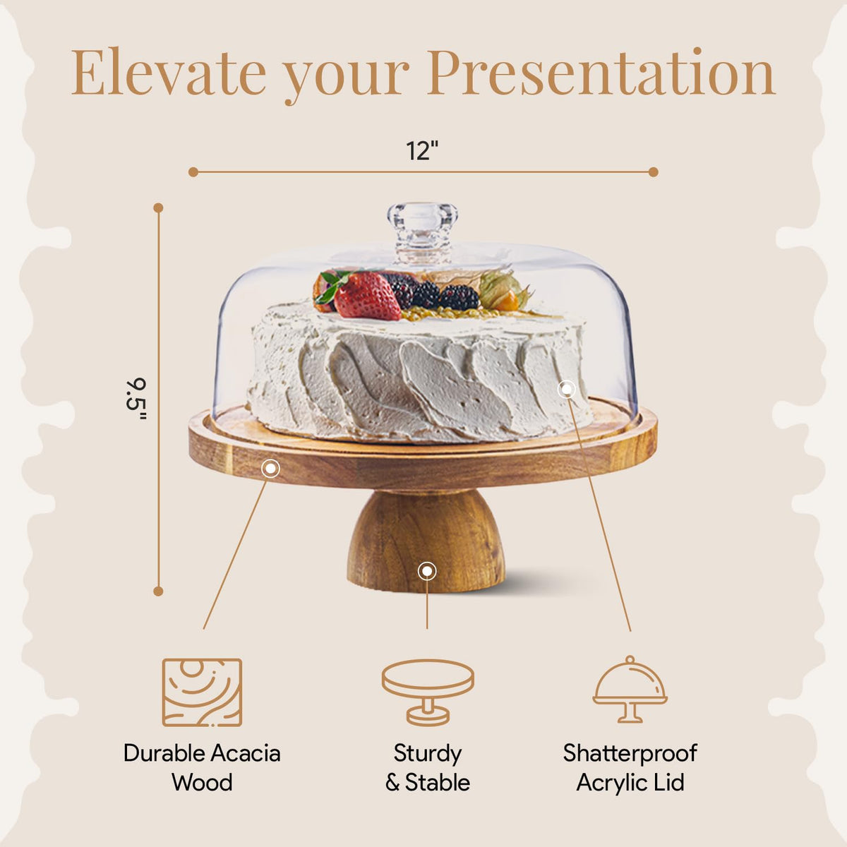 Homesphere Acacia Wood Cake Stand with Lid - Cake Stand with Dome,12in Round Cake Holder, 2-in-1 Dessert Table Display Set & Charcuterie Board for Cheese, Chips & Dips, Fruit Platter, Large Acrylic 🍁 All In One Marketplace Canada