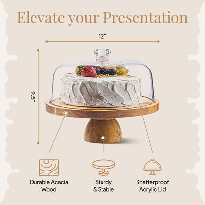 Homesphere Acacia Wood Cake Stand with Lid - Cake Stand with Dome,12in Round Cake Holder, 2-in-1 Dessert Table Display Set & Charcuterie Board for Cheese, Chips & Dips, Fruit Platter, Large Acrylic 🍁 All In One Marketplace Canada