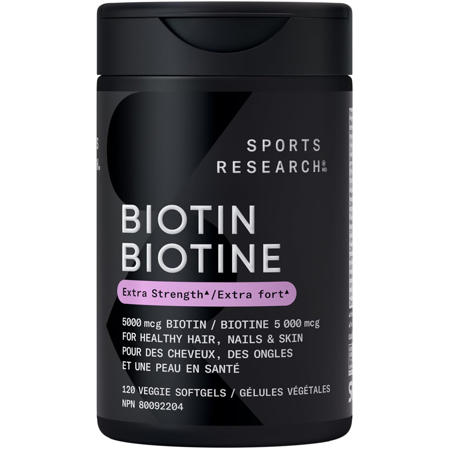 Sports Research® Extra Strength Vegan Biotin 5,000mcg with Organic Coconut Oil - Helps to Maintain Healthy Hair, Nails and Skin - Great for Women & Men - 120 Veggie Softgels - Available at All In One Marketplace Canada
