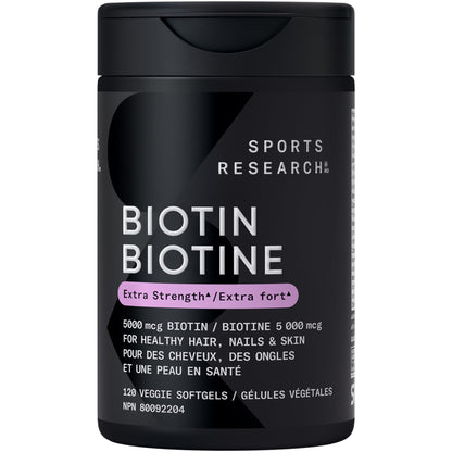 Sports Research® Extra Strength Vegan Biotin 5,000mcg with Organic Coconut Oil - Helps to Maintain Healthy Hair, Nails and Skin - Great for Women & Men - 120 Veggie Softgels - Available at All In One Marketplace Canada