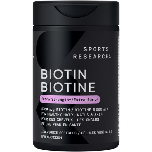 Sports Research® Extra Strength Vegan Biotin 5,000mcg with Organic Coconut Oil - Helps to Maintain Healthy Hair, Nails and Skin - Great for Women & Men - 120 Veggie Softgels - Available at All In One Marketplace Canada