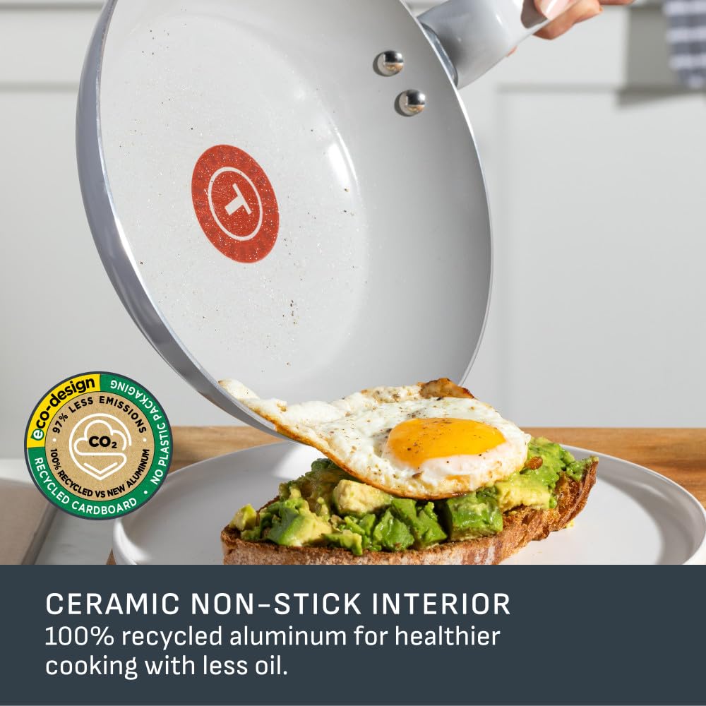 T-FAL Refresh Ceramic Nonstick Fry Pan Set, 2 Pieces, 8 Inch (20 cm) & 10 Inch (26 cm), Eco-Friendly, Durable for Healthy Cooking, Moon Grey T-Fal
