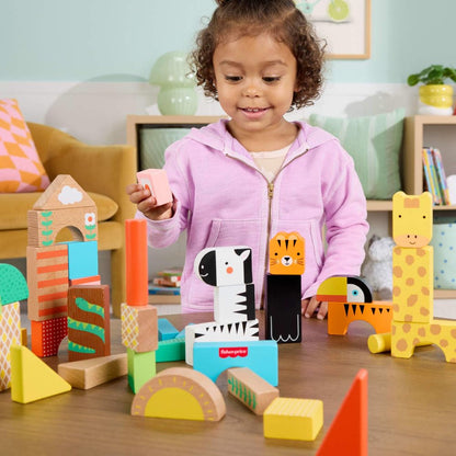 Fisher-Price Wood Toddler Toy Jungle Blocks, 50-Piece Wooden Animal Building Set for Preschool Pretend Play Kids Ages 2+ Years Fisher-Price