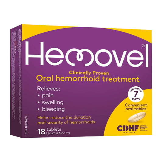 Hemovel Hemorrhoidal Oral Treatment - Clinically Proven, effective and convenient way to treat internal and external hemorrhoids and relieve pain, swelling and bleeding - 18 Tablets - Available at All In One Marketplace Canada