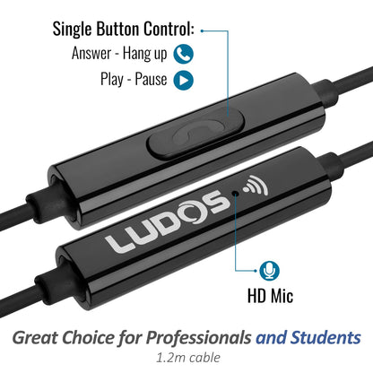 LUDOS OMNITONE Wired Earbuds in-Ear Headphones, Earphones with Microphone, 5 Years Warranty, Noise Isolation Corded for 3.5mm Jack Ear Buds for iPhone, iPad, Samsung, Computer, Laptop, Gaming, Sports