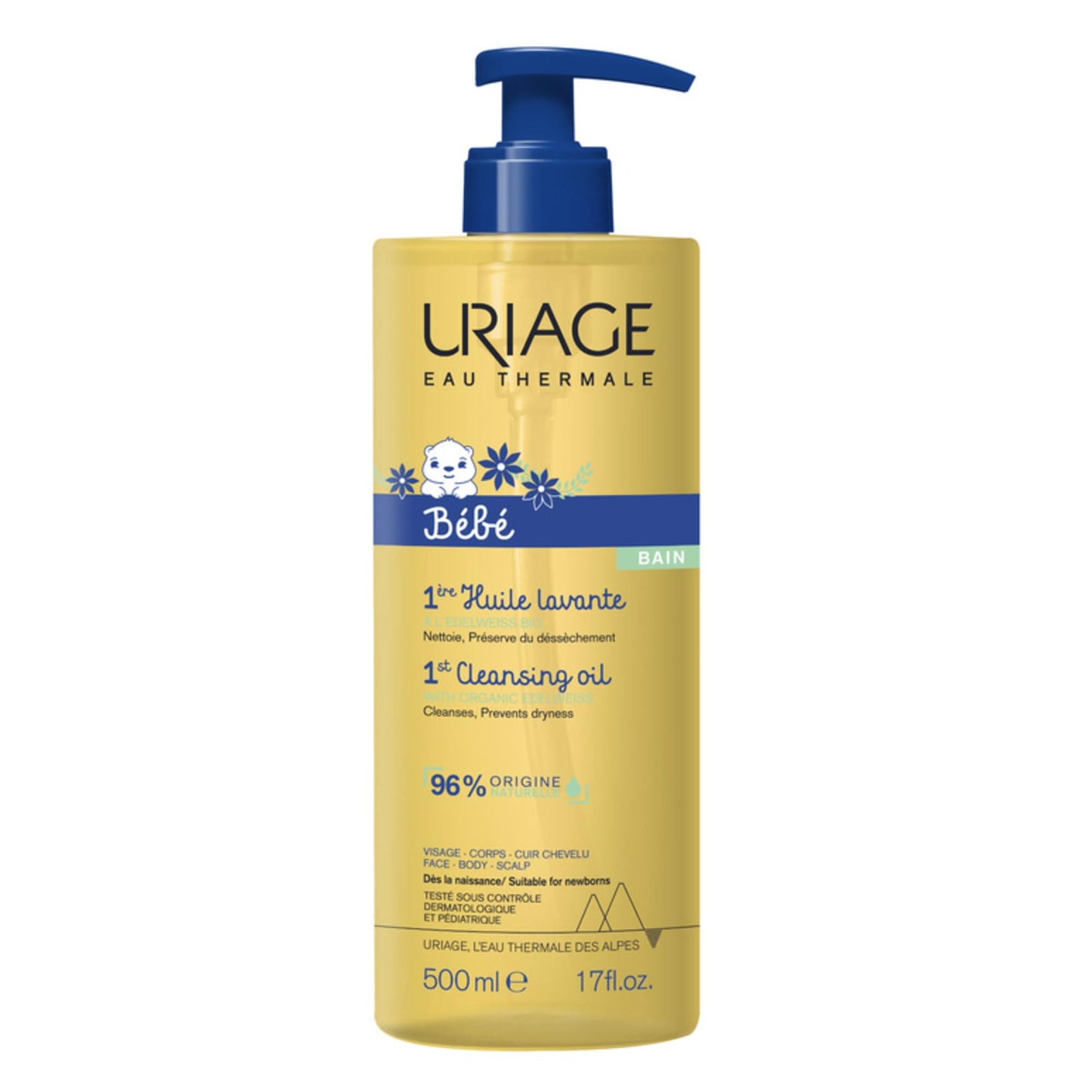 URIAGE Bébé - 1st Cleansing Oil – Gentle Soap-Free Cleansing & Nourishing Bath Oil with Uriage Thermal Water & Organic Edelweiss for Newborns, Infants & Sensitive Skin - 500ml Uriage