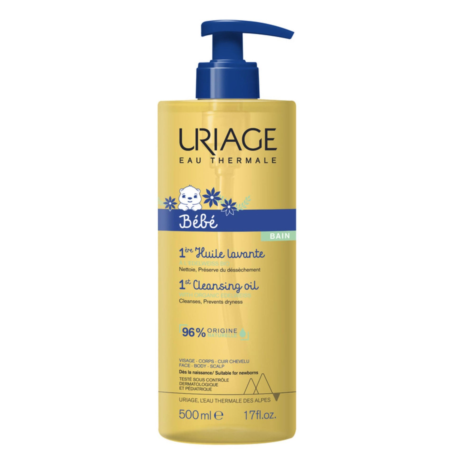 URIAGE Bébé - 1st Cleansing Oil – Gentle Soap-Free Cleansing & Nourishing Bath Oil with Uriage Thermal Water & Organic Edelweiss for Newborns, Infants & Sensitive Skin - 500ml Uriage