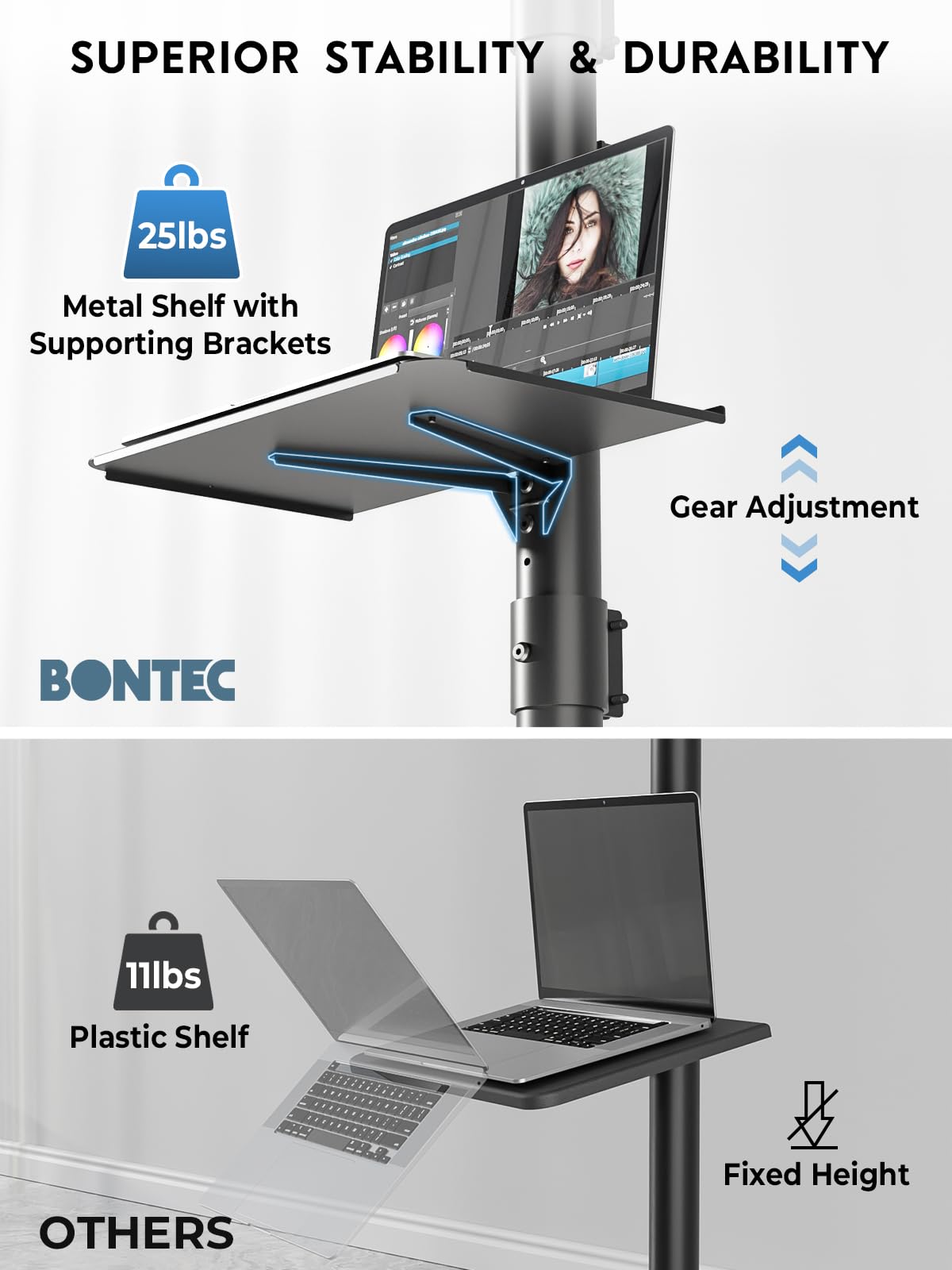 BONTEC Mobile TV Stand, Rolling TV Stand for 23-60 Inch Screens, Adjustable Floor TV Stand with Locking Wheels and Media Shelf, Compatible with VESA 100x100mm to 400x400mm, Holds up to 88 lbs, Black