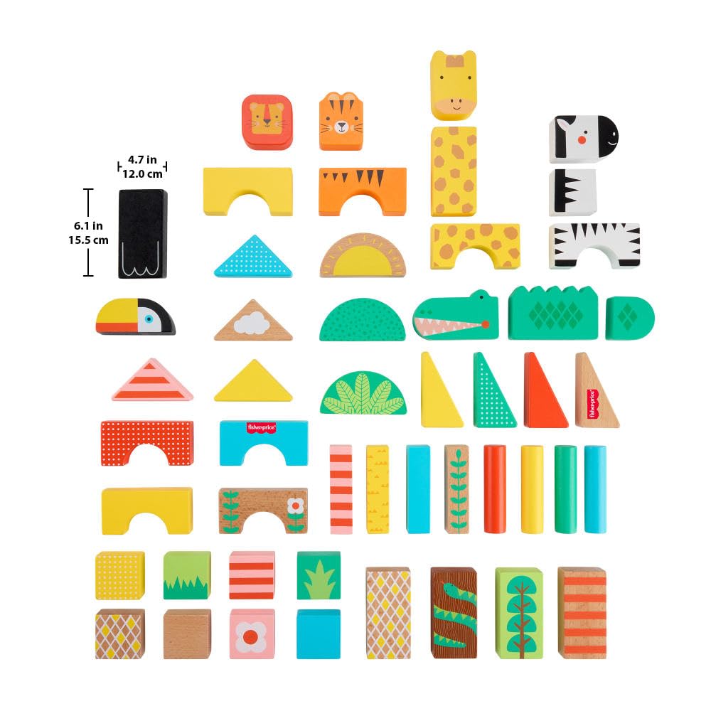 Fisher-Price Wood Toddler Toy Jungle Blocks, 50-Piece Wooden Animal Building Set for Preschool Pretend Play Kids Ages 2+ Years Fisher-Price
