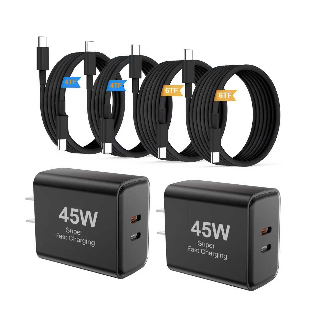 45W Type C Super Fast Charging Block,35W+10W Dual USB-C Port Charger Block with 4FT/6FT/4FT/6FT Type C Charger Cable for Samsung Galaxy S25/S24/S23/S22/S21/i Phone 17/16/15