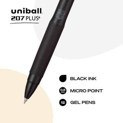 Uniball 207 Plus+ Retractable Gel Pens, Micro Point (0.5mm), Black, 12 Pack Uni-Ball