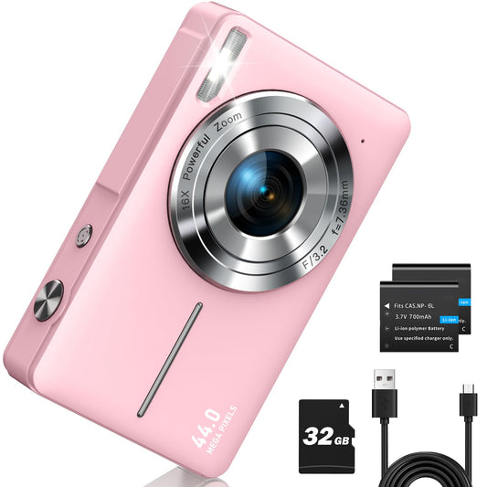 CAMKORY Digital Camera, Full HD 1080P Point and Shoot Camera, 44MP Kids Camera with 32GB Card, 16X Zoom, Pink - Available at All In One Marketplace Canada