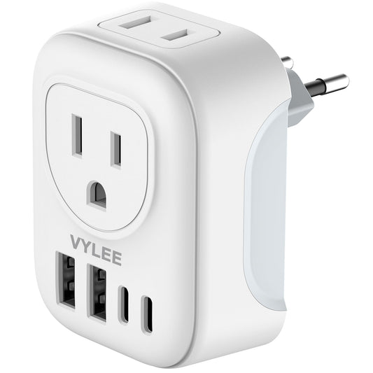 VYLEE Travel Plug Adapter, International Plug Adapter with 4 AC Outlets 2 USB Ports (2 USB C Port), Type C Power Adaptor Charger for the US to Most of Europe Iceland Spain Italy France Germany - Available at All In One Marketplace Canada