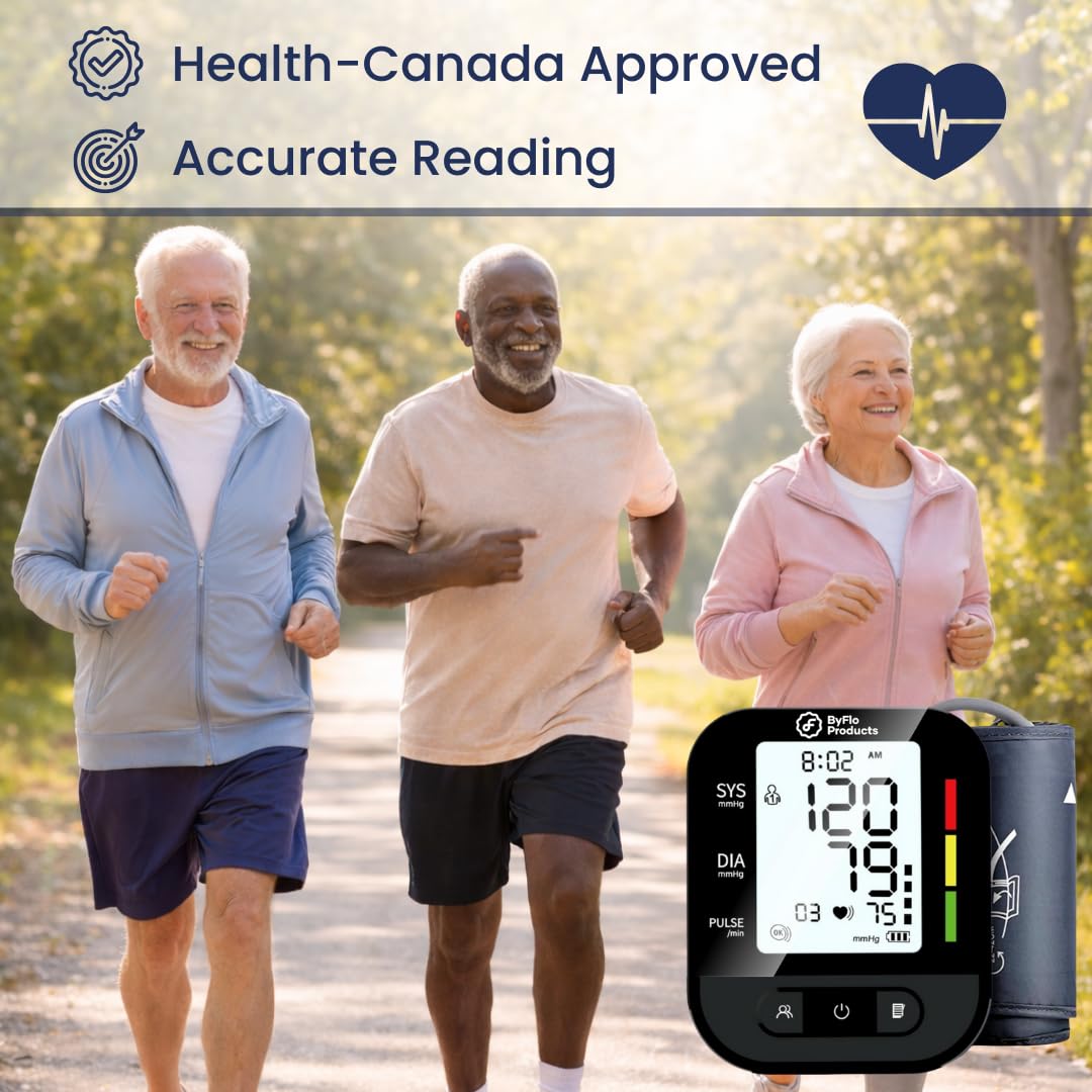 ByFloProducts Blood Pressure Monitor for Home Use – Digital Heart Rate Monitor with Backlit LCD Screen, Includes Blood Pressure Cuff, 4 AAA Batteries, Perfect Automatic Blood Pressure Machine (Black with Backlight) - Available at All In One Marketplace Canada