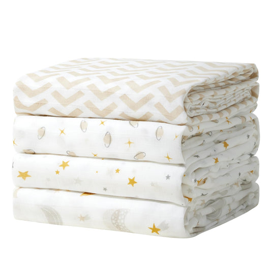 Momcozy Muslin Swaddle Blanket, 4 Pack Ultra Soft Neutral Swaddle Blankets, Breathable Large 47'' x 47'' Baby Infant Newborn Essentials, Boys Girls Receiving Blanket, Beige Star