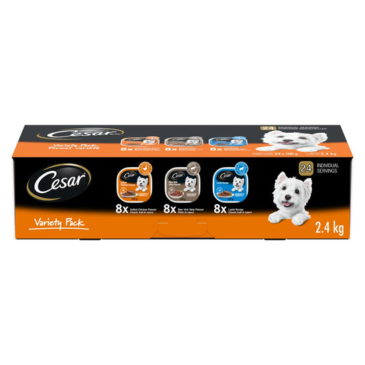 CESAR Classic Loaf in Sauce Adult Wet Dog Food Variety Pack, with 8 Grilled Chicken Flavour, 8 NY Strip Flavour & 8 Lamb Recipe, 24x100g Trays - Available at All In One Marketplace Canada