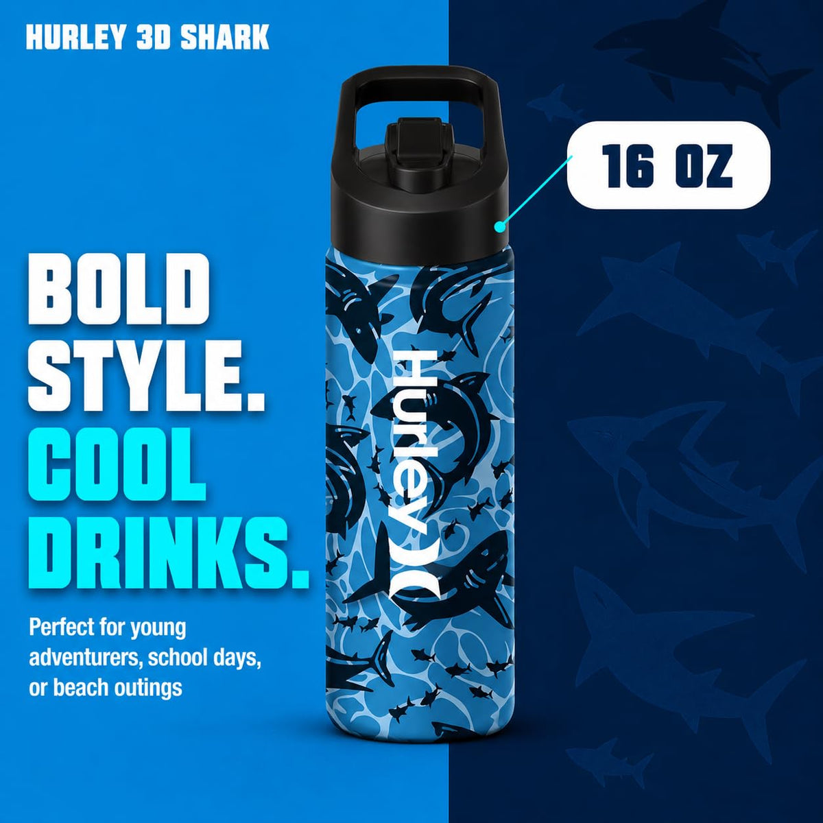 Hurley 3D Shark Design 16Oz Straw Cap Ss. Sports Bottle