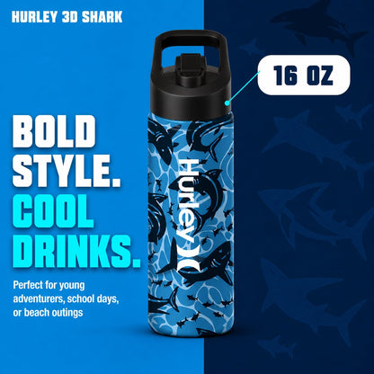 Hurley 3D Shark Design 16Oz Straw Cap Ss. Sports Bottle