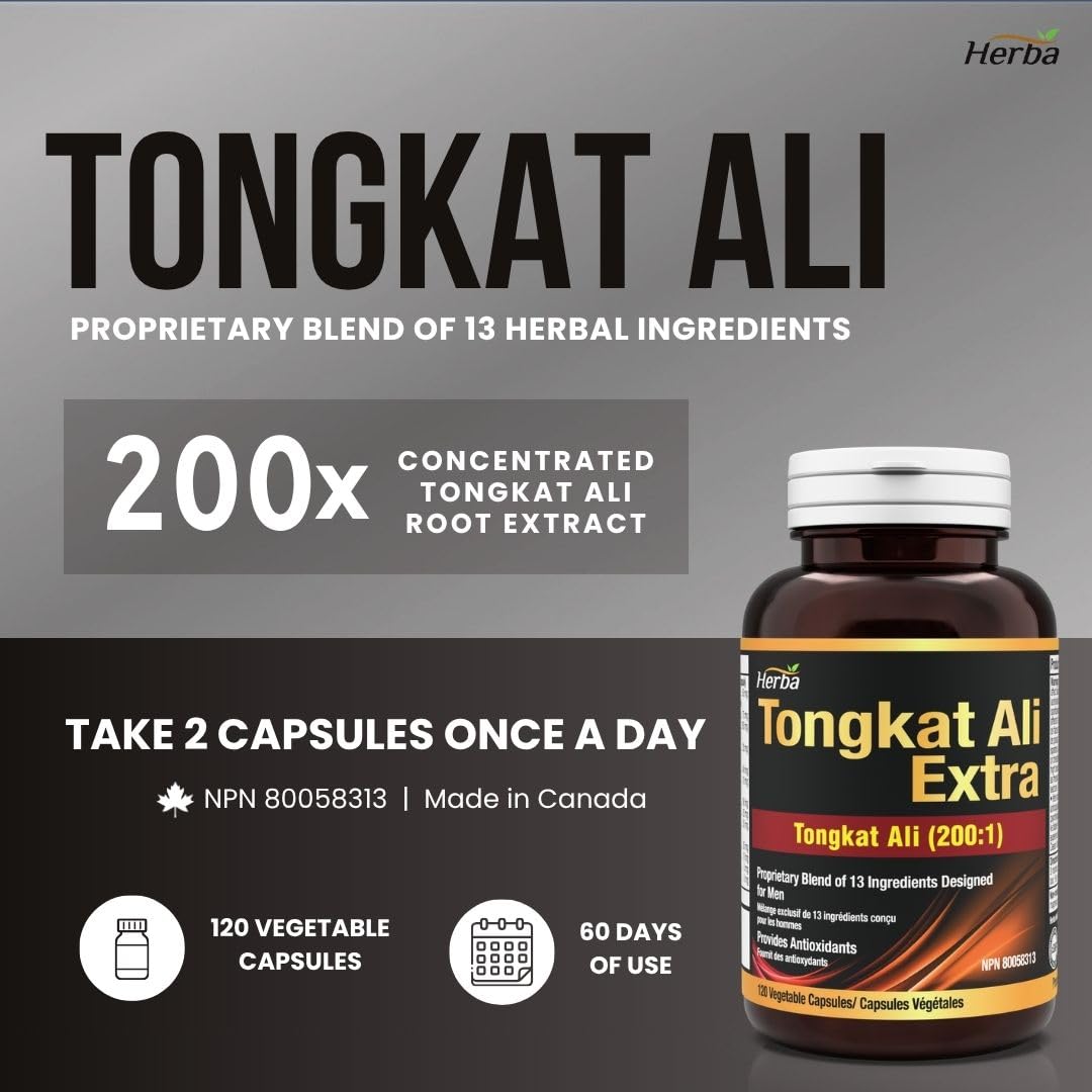 Herba Tongkat Ali Extract for Men - 200:1 Concentrate – 10,000mg Equivalent | 120 Vegetable Capsules | Enhanced Formula Made in Canada