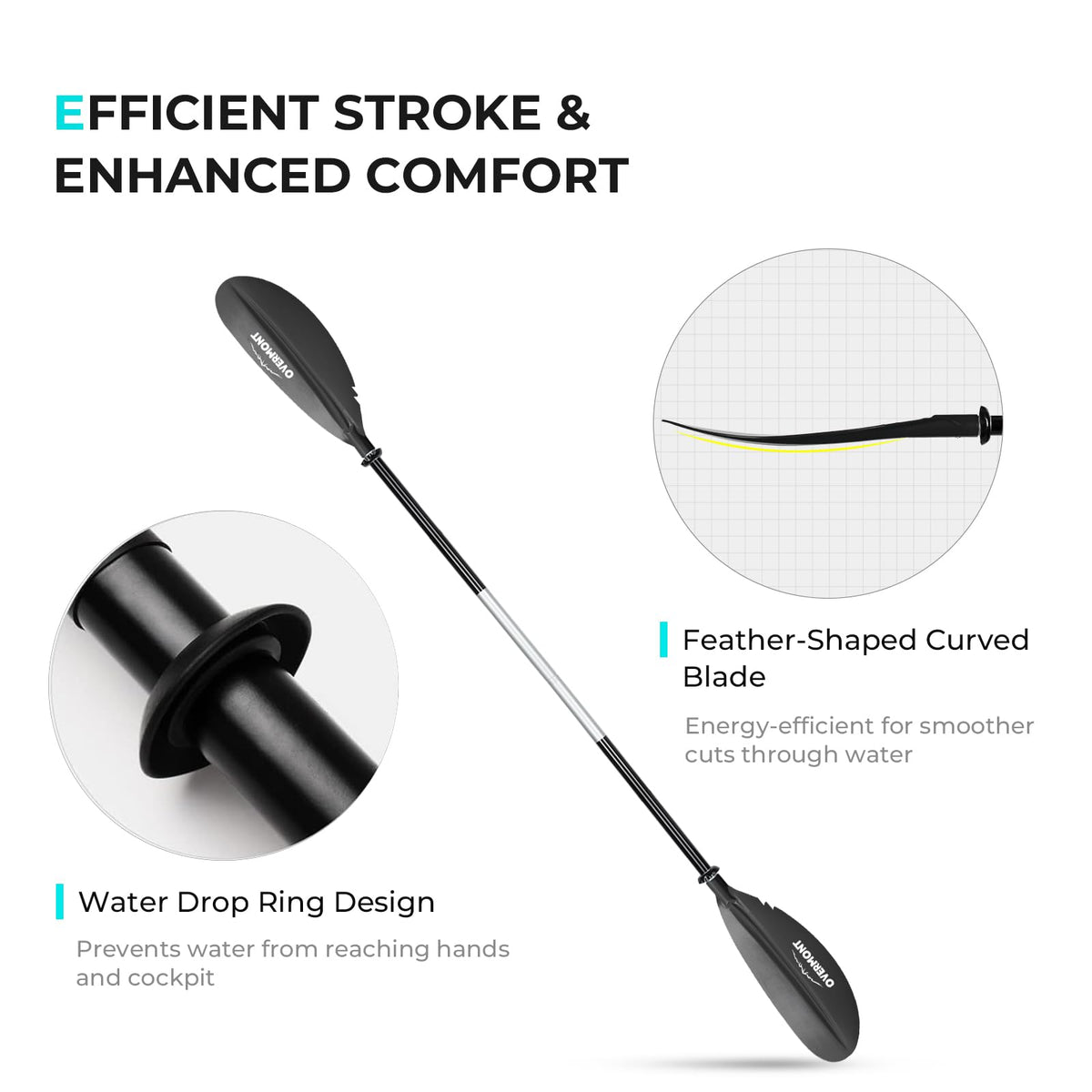 Overmont Kayak Paddle with Leash, 90.5 in/230 cm 2-Piece Aluminum Shaft