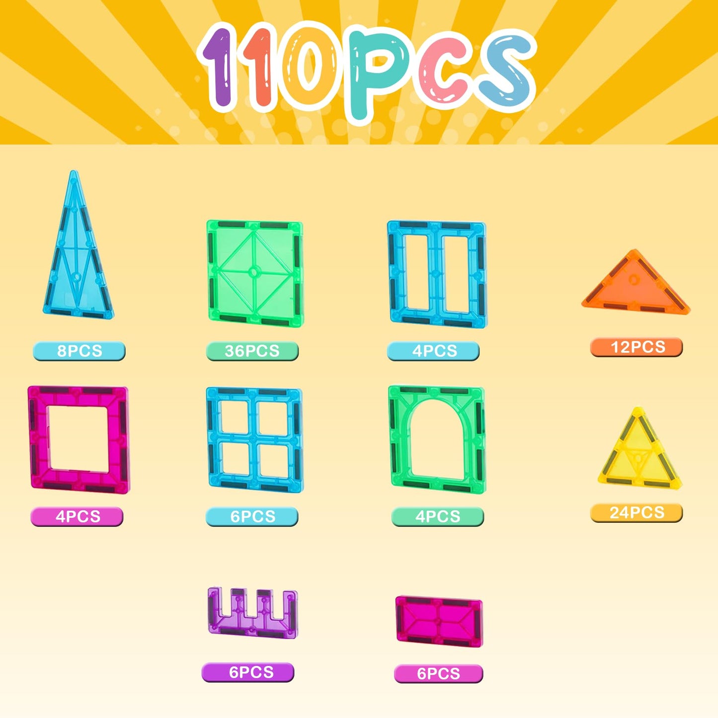 Magnetic Tiles, 110PCS Magnet Building Set, Magnetic Building Blocks,Construction STEM Toys for Kids, Gift for Boys Girls