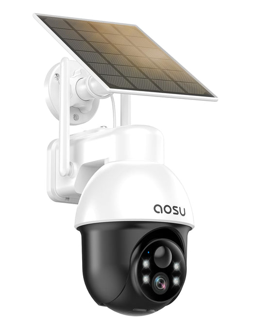 AOSU Solar Security Camera Wireless Outdoor with Panoramic PTZ, Human Auto Tracking, 2K Night Vision, Light and Sound Alarm, 2-Way Talk, Compatible with Alexa/Google Assistant for Home Surveillance - Available at All In One Marketplace Canada