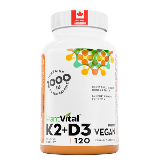 PlantVital High-Potency Vegan Vitamin D3 + K2 -Made in Canada - (1000IU /25 mcg + 120 mcg) for Bones, Teeth and Immune System - Patented MK7 Form - K2 D3 vitamin - 4 Months Supply - 120 Capsules. - Available at All In One Marketplace Canada