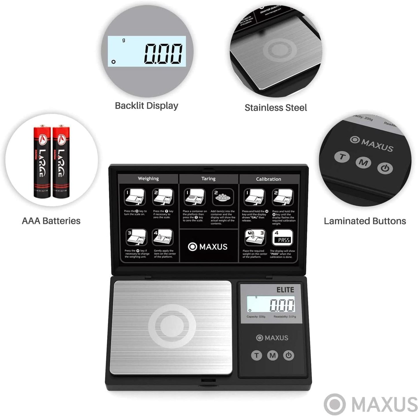 MAXUS Precision Pocket Scale 500g x 0.01g, Digital Gram Scale with Tray, Small Food Scale, Jewelry Scale, Ounces Grains Scale with Backlit LCD - Available at All In One Marketplace Canada