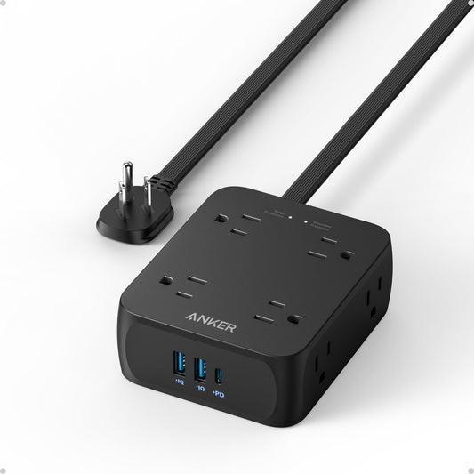 Anker Surge Protector Flat Plug Power Strip 2000J, 5ft Thin Extension Cord, 8 Outlets,2 USB A and 1 USB C Port,20W for iPhone15,Wall Mount,Compact for Home,Office,Room,TUV Listed (Black) - Available at All In One Marketplace Canada