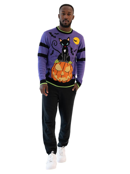 Blizzard Bay Men's Cat in The Graveyard Halloween Sweater, Graveyard Purple, Medium