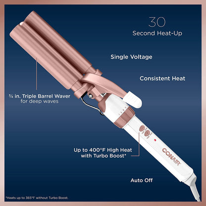 Conair CD704C Double Ceramic Triple Barrel Curl Styling Waver, Deep waves, Long lasting nautral tight waves for all hair lengths, Turbo Heat® – up to 68°F (20C) burst of heat, White/ Rose Gold