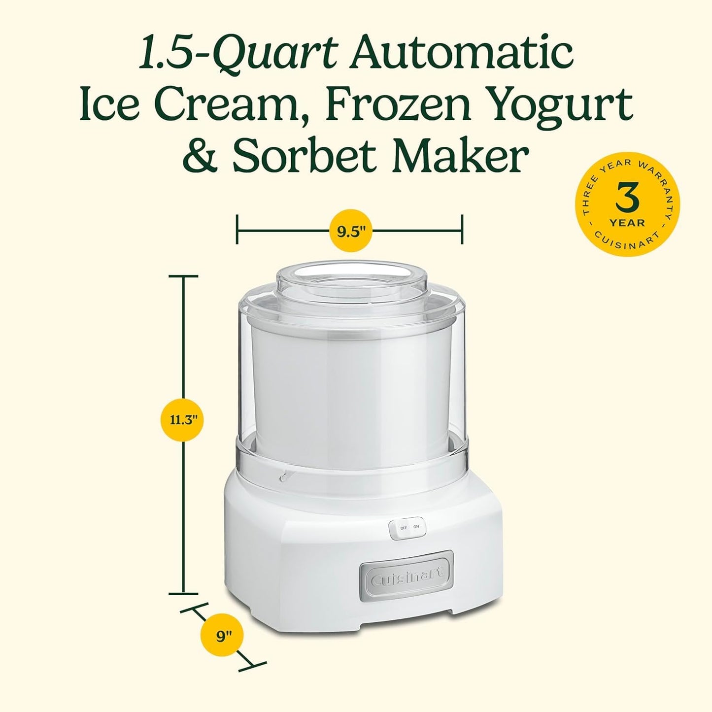 Cuisinart Ice Cream Maker Machine, 1.5 Quart Sorbet, Frozen Yogurt Maker, Double Insulated, White (ICE-21C) - Available at All In One Marketplace Canada