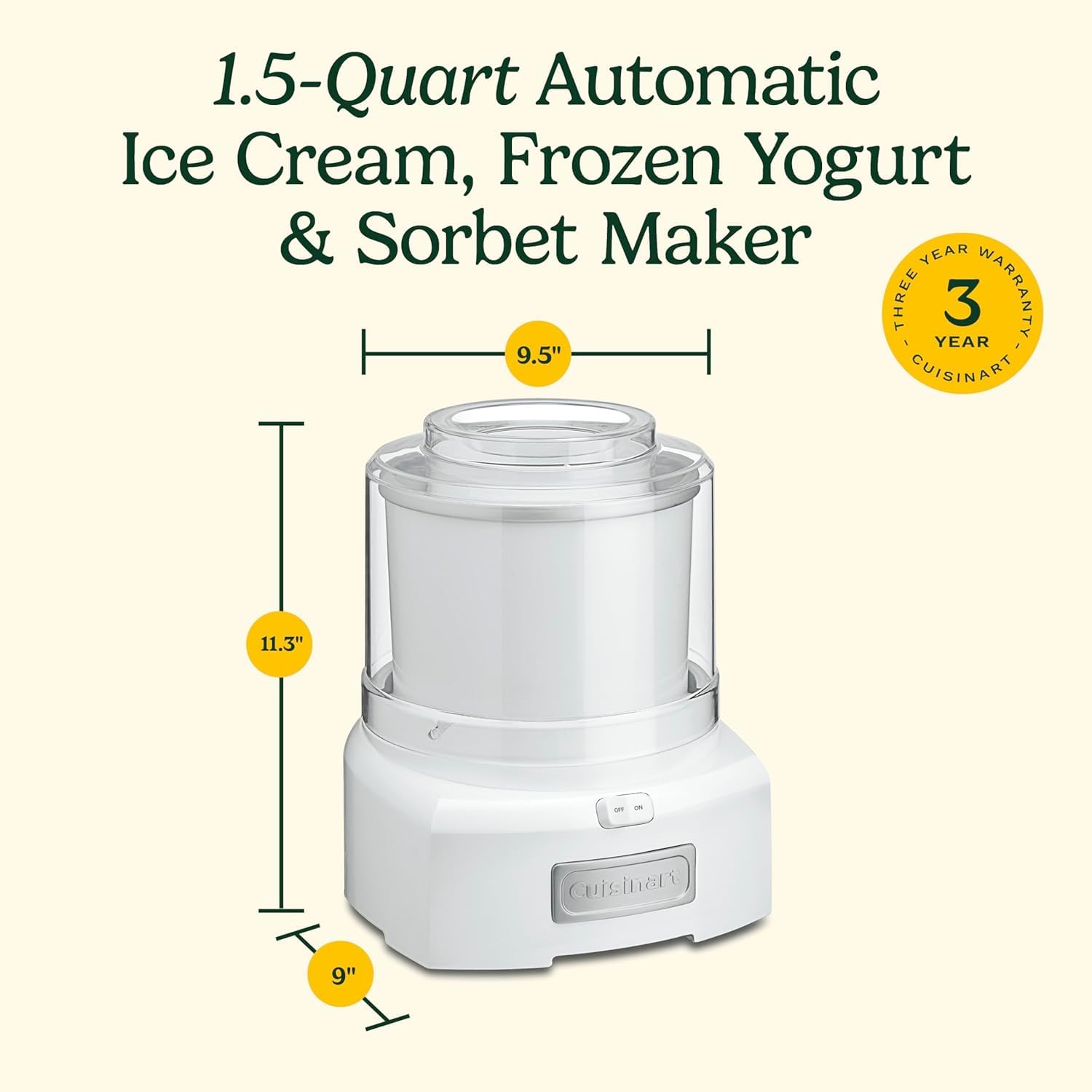 Cuisinart Ice Cream Maker Machine, 1.5 Quart Sorbet, Frozen Yogurt Maker, Double Insulated, White (ICE-21C) - Available at All In One Marketplace Canada