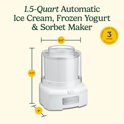 Cuisinart Ice Cream Maker Machine, 1.5 Quart Sorbet, Frozen Yogurt Maker, Double Insulated, White (ICE-21C) - Available at All In One Marketplace Canada