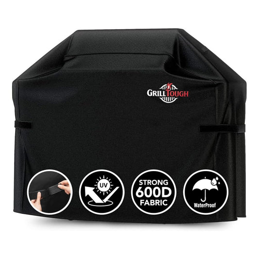 GrillTough Heavy Duty BBQ Grill Cover for Outdoor Grill, 58 Inch – Waterproof, Weather Resistant, UV & Fade Resistant with Fastening Straps – Gas Grill Cover for Weber, Genesis, Charbroil, etc. Black