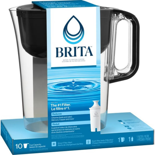 Brita 10 Cup Filter Pitcher with Smart Light Indicator, Reduces Chlorine taste and odour from Tap Water, Filters 151 Litres, Huron, Black