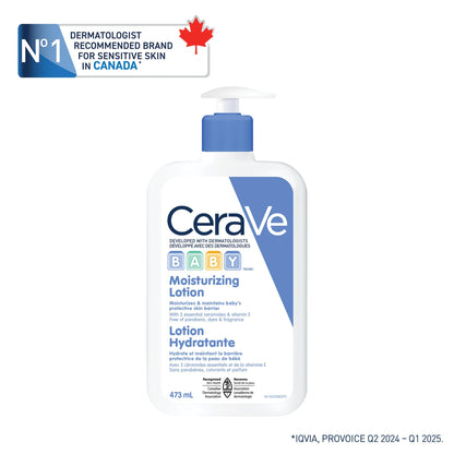 CeraVe BABY Moisturizing Lotion, Gentle Skin Care for Face & Body with Ceramides, Hyaluronic Acid, Niacinamide & Vitamin E. Fragrance-Free, Paraben-Free, Dye-free. Sensitive skin, non-greasy, 473ML