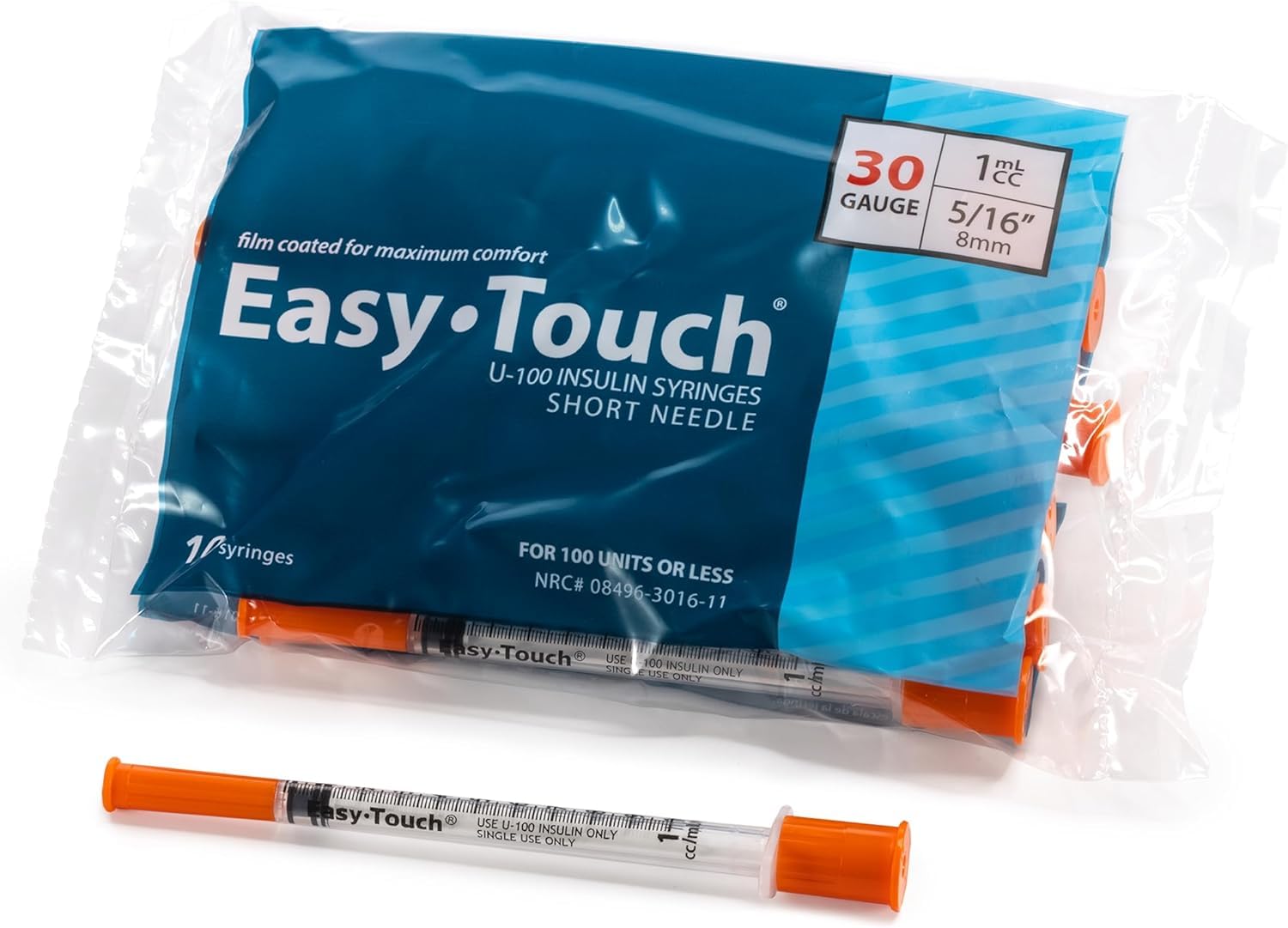 Easy Touch 30 Gauge U-100 Insulin Syringes (30G 0.5cc 1/2”) with 1/2” Long Needle, 0.5cc (50 Unit Capacity), Bold Markings for Accurate Dosing, Disposable, Box of 100