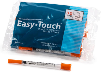 Easy Touch 30 Gauge U-100 Insulin Syringes (30G 0.5cc 1/2”) with 1/2” Long Needle, 0.5cc (50 Unit Capacity), Bold Markings for Accurate Dosing, Disposable, Box of 100
