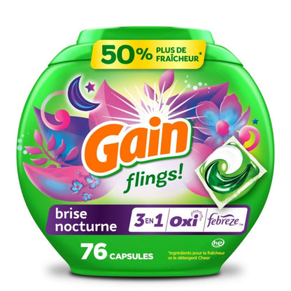 Gain Flings Laundry Detergent Pacs, 76 Count, Moonlight Breeze Scent, with Odor Defense
