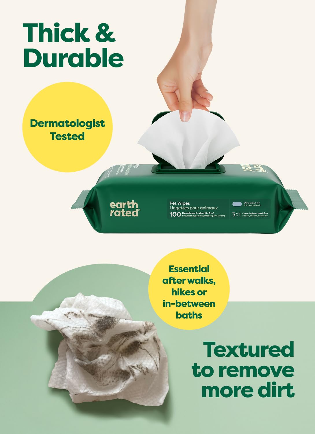Earth Rated (A Canadian Company) Pet Wipes for Dogs and Cats, Hypoallergenic, 3-in-1 Cleaning, Deodorizing and Hydrating, for Grooming Paws, Body and Butt, New White Tea and Basil Scent, 400 Count