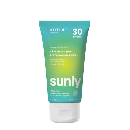 ATTITUDE Mineral Sunscreen SPF 30, Zinc Oxide Broad Spectrum UVA/UVB Protection, Face & Body, Dermatologically Tested, Vegan, Unscented, 150 g - Available at All In One Marketplace Canada
