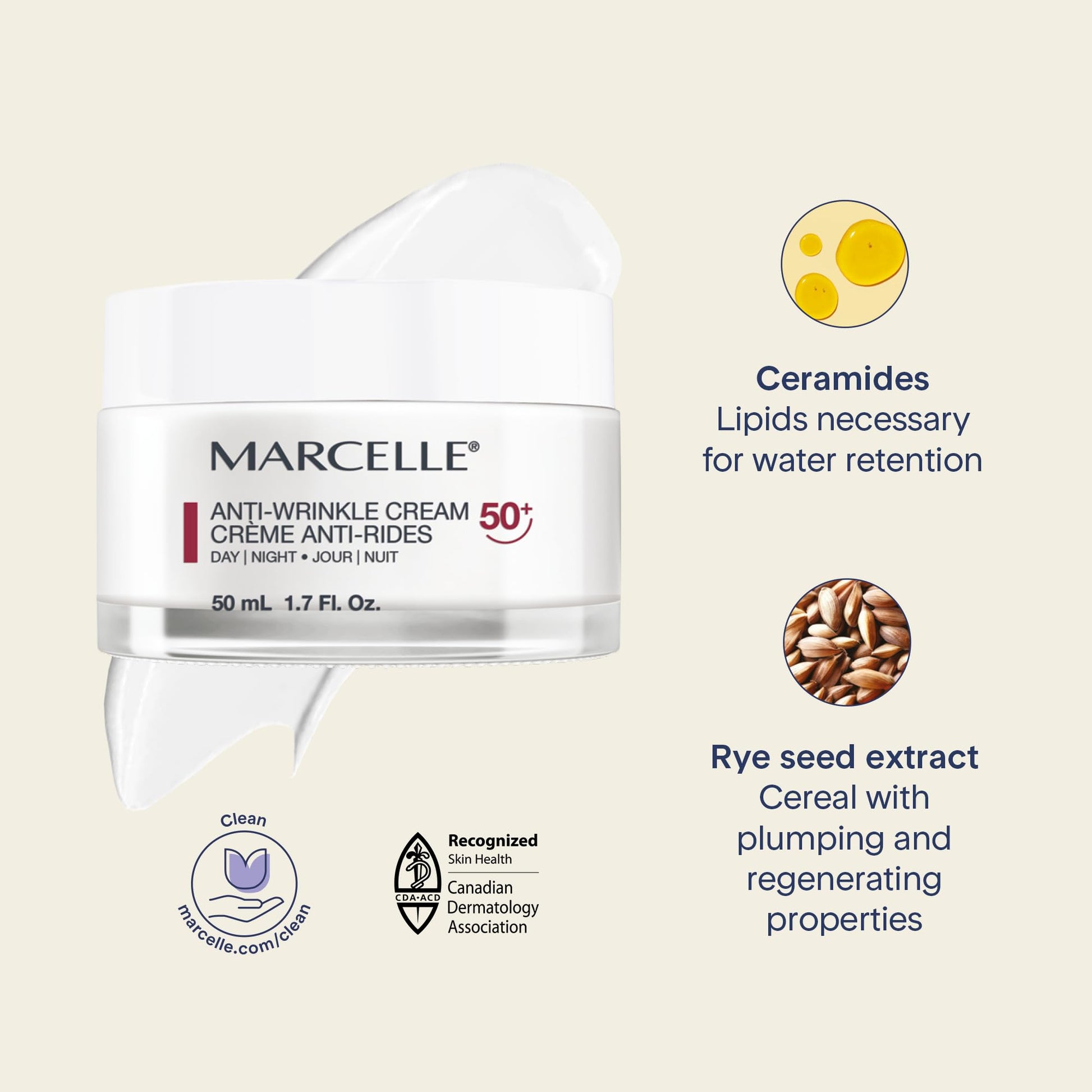 Marcelle Anti-Wrinkle Cream 50+, Day & Night, Anti-Aging Cream, Reduces Fine Lines & Wrinkles, 24H Hydration, Fragrance-Free, Hypoallergenic, Cruelty-Free, 50 mL - Available at All In One Marketplace Canada