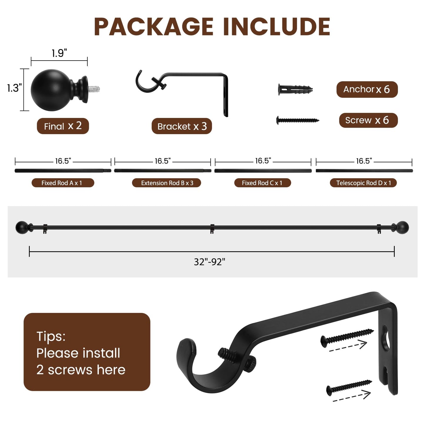 Curtain rods for Windows 48 to 84 Inch, 5/8 Inch Small Matte Black Curtain Rod Adjustable with Brackets Pole Rideau for Bedroom, Bathroom, Living room, Kitchen, Patio, Outdoor, cafe