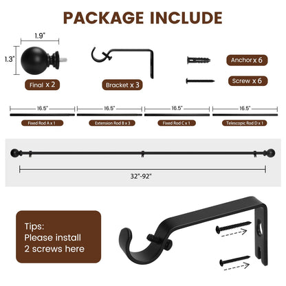 Curtain rods for Windows 48 to 84 Inch, 5/8 Inch Small Matte Black Curtain Rod Adjustable with Brackets Pole Rideau for Bedroom, Bathroom, Living room, Kitchen, Patio, Outdoor, cafe