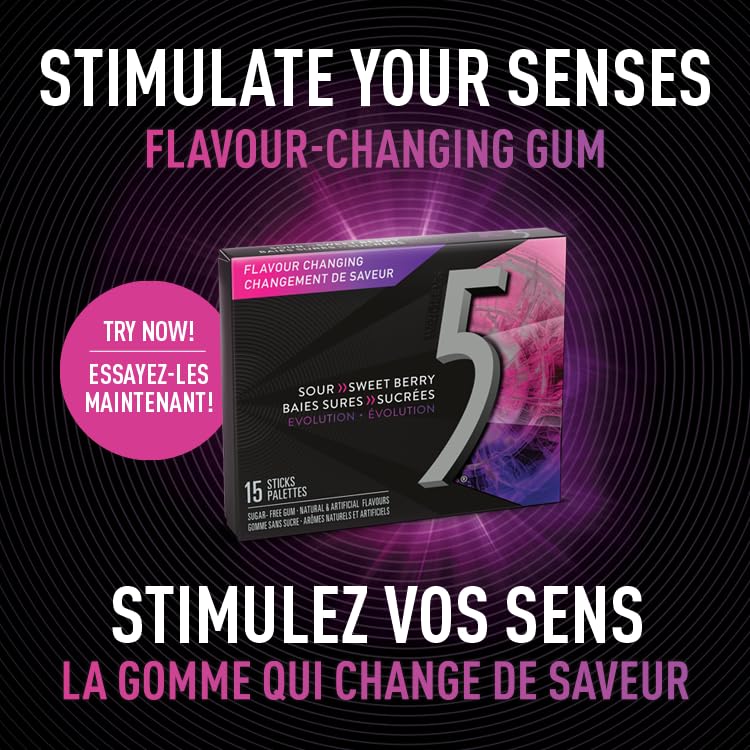 5 GUM Evolution Sour to Sweet Berry Flavour Changing Sugar-Free Chewing Gum, Fresh Breath Gum for On-the-Go & Sharing, 15-Sticks, 10 Packs
