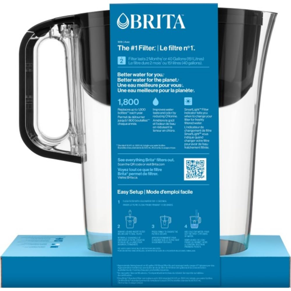 Brita 10 Cup Filter Pitcher with Smart Light Indicator, Reduces Chlorine taste and odour from Tap Water, Filters 151 Litres, Huron, Black