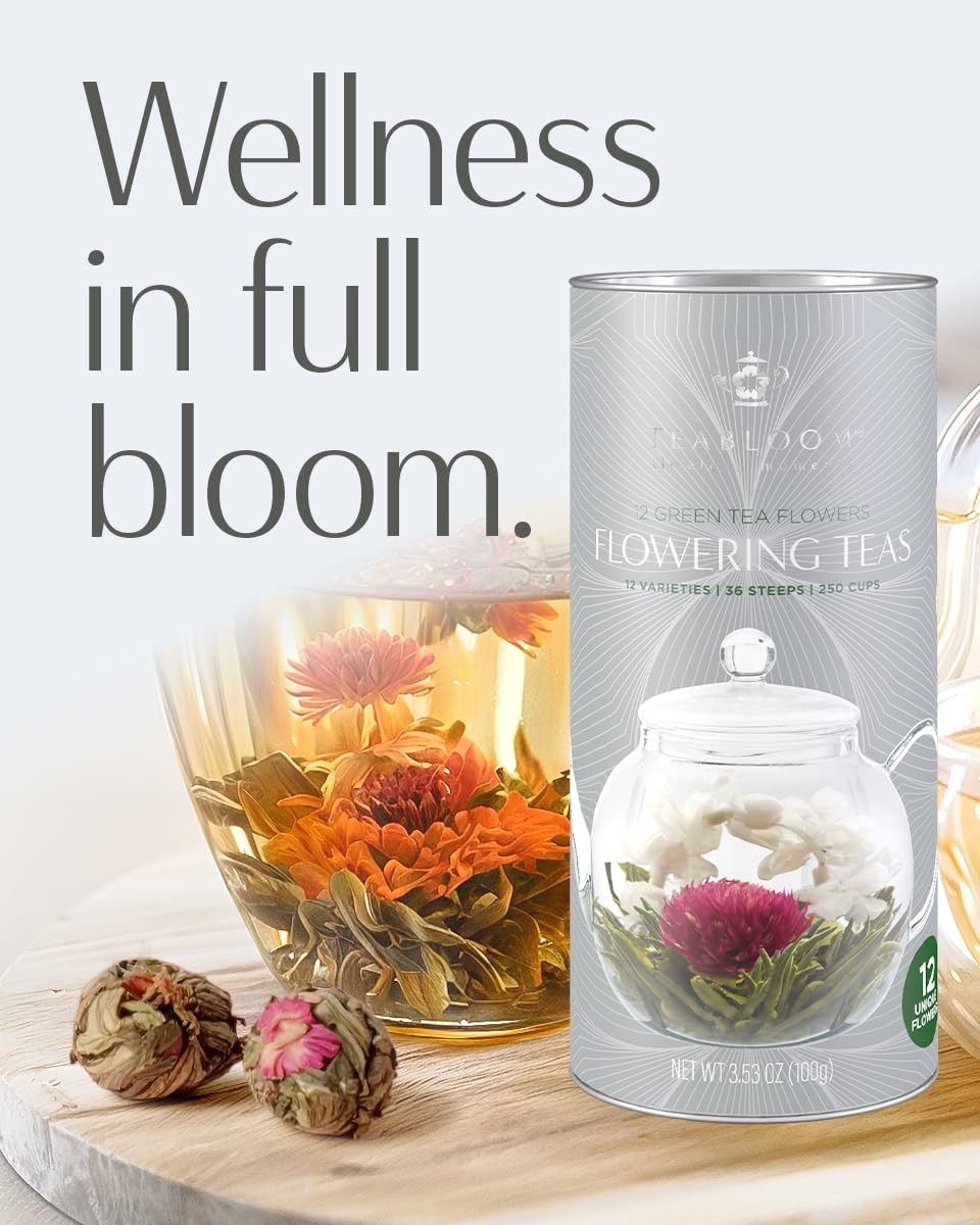 Teabloom Flowering Tea Gift Set - 12 Hand-Tied Blooming Tea Varieties - Green Tea with Edible Flowers - Premium Gift Canister - 36 Infusions, Up to 250 Cups